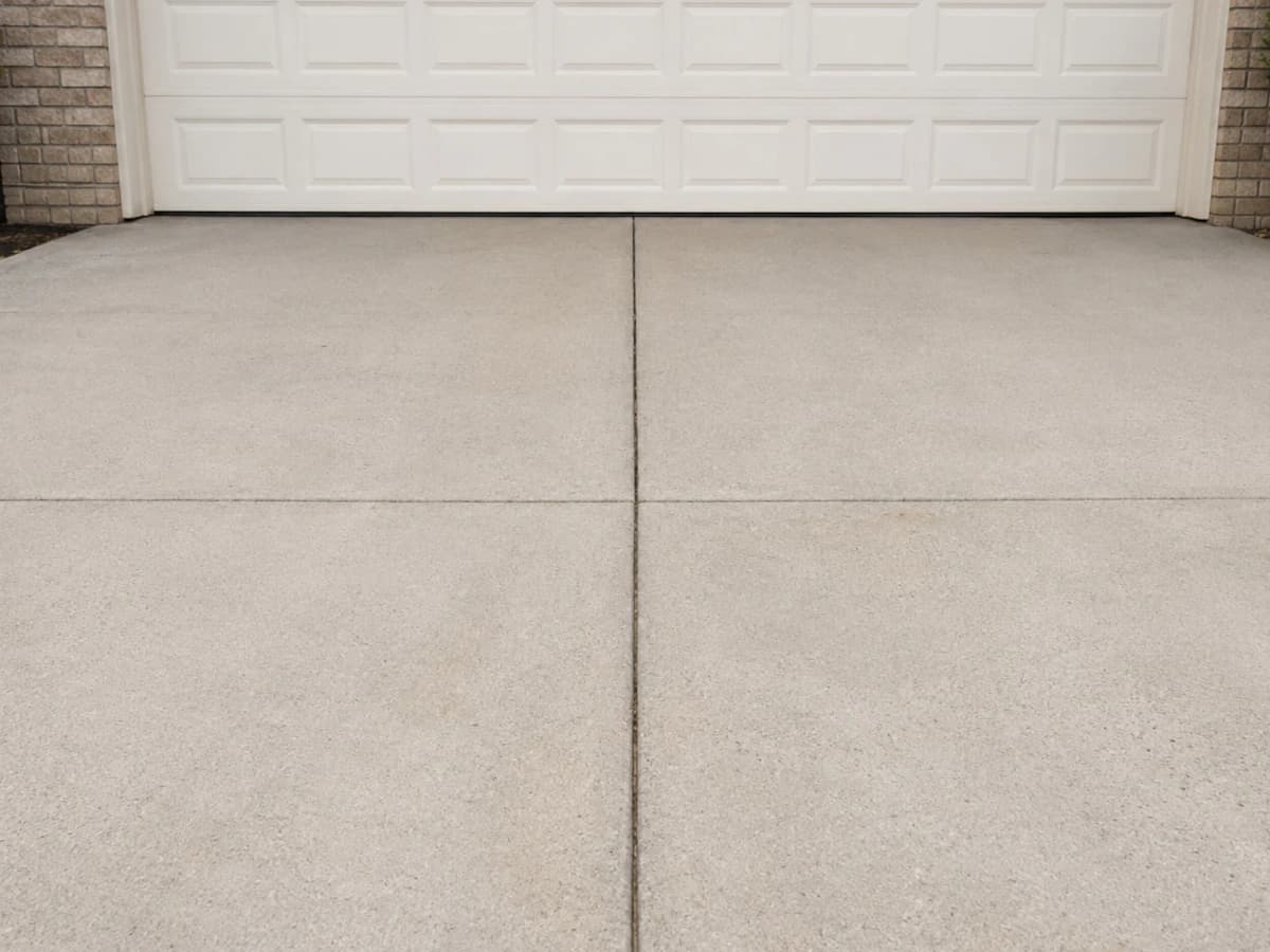 A concrete driveway in front of a garage door