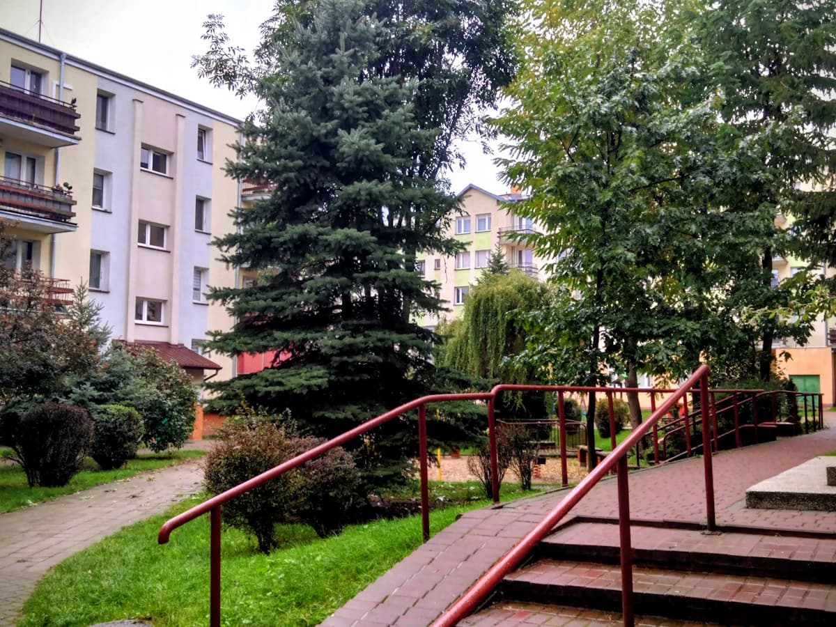 The walkway of an apartment building